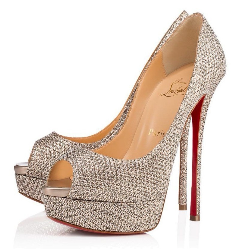 Christian Louboutin Fetish Peep Toe Stiletto 37 Gold - Picture 1 of 16